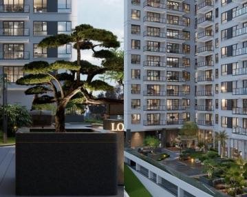 Living room of modern Westlands apartment with open plan kitchen